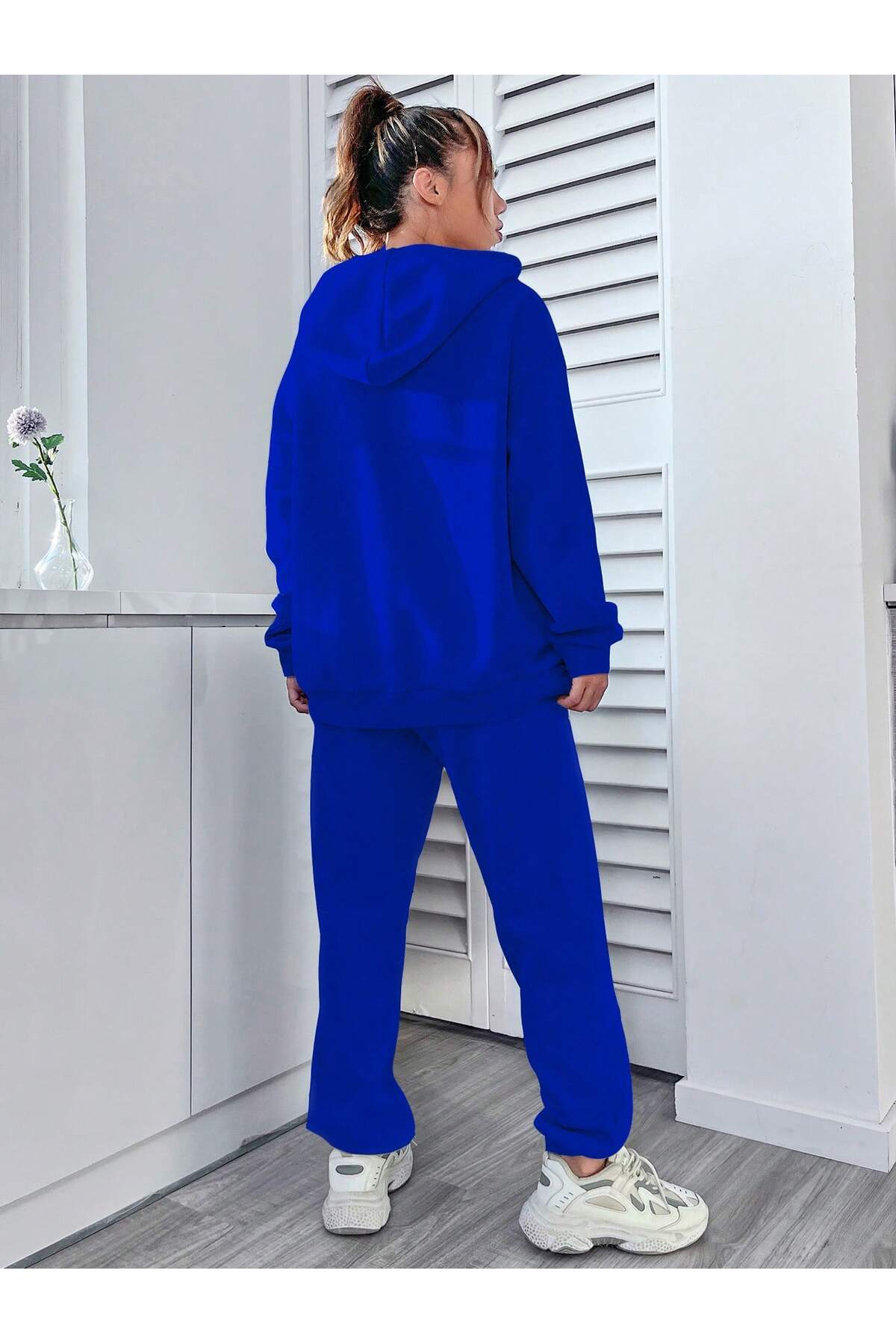 Basic Düz Kapüşonlu Kombin Alt Üst Eşofman Takımı - Sax Mavi Oversize Lastik Paça — سرمه‌ای basckpsnkslkmrdeleted1740303293 — تصویر 2 از 2