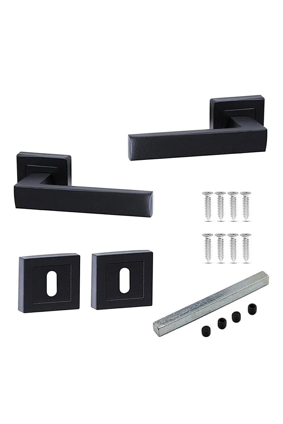 ALYAYAPI-Black Square Badge Matte Room Door Handle (1 Set=4 Pieces) 2