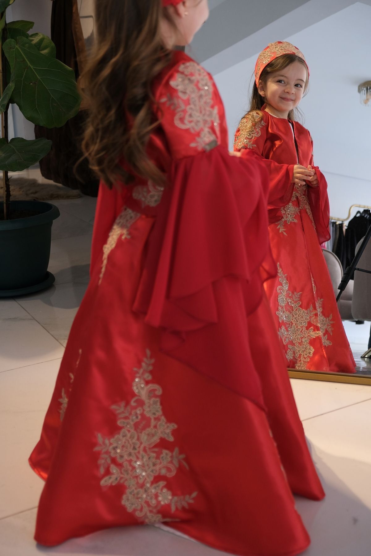 Shıne dresses-Girl's Red Bindalli Kaftan 2