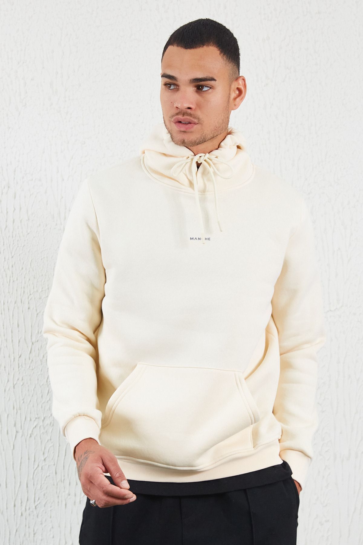 Ekru Kapüşonlu Basic Minimal Baskılı Sweat Füme | MEW227697-01