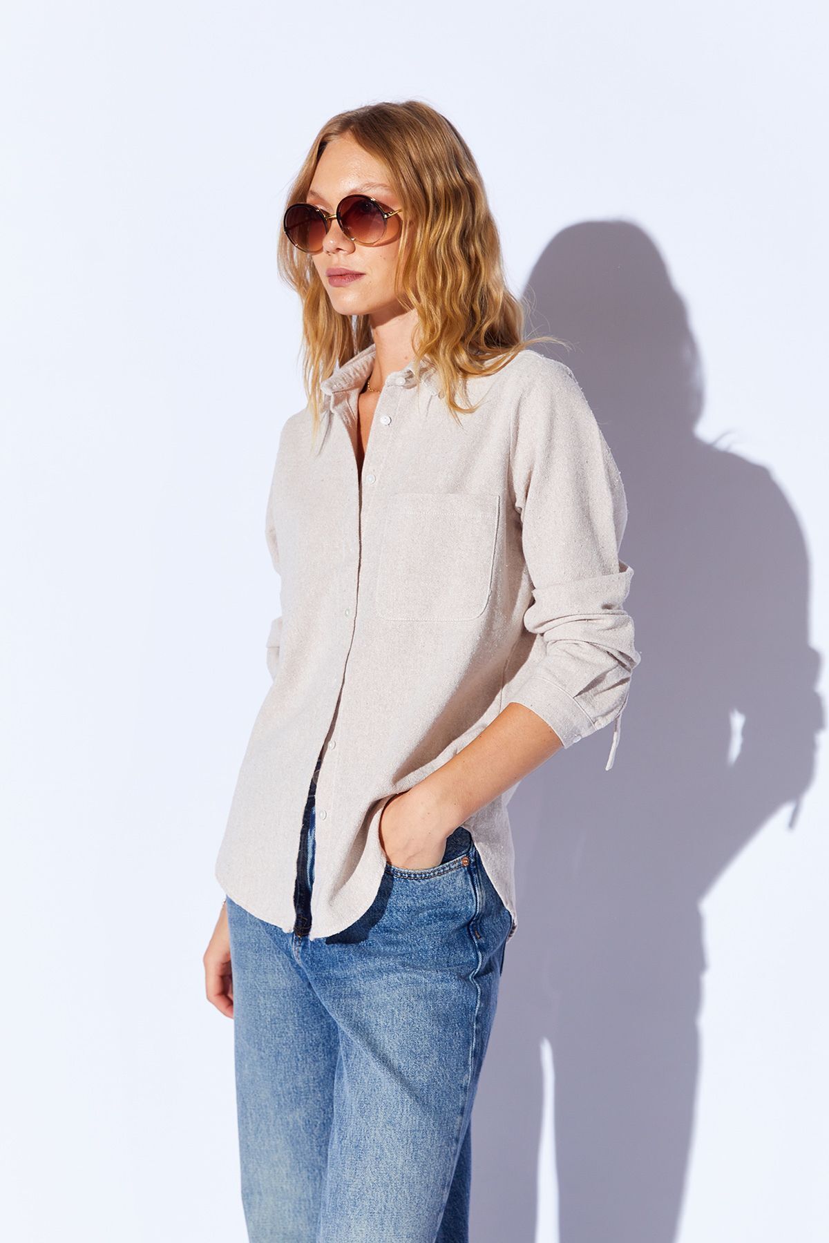 Manche-Women's Cotton Shirt - Stone Epaulettes, MKS 166741 -01 7