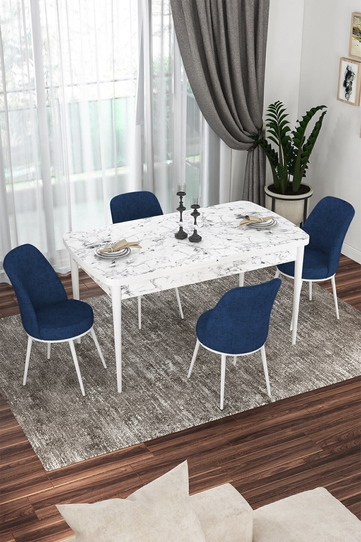 Kor Series 70x114 Openable Kitchen Table Set White Marble Pattern Table 4 Navy Blue Chairs
