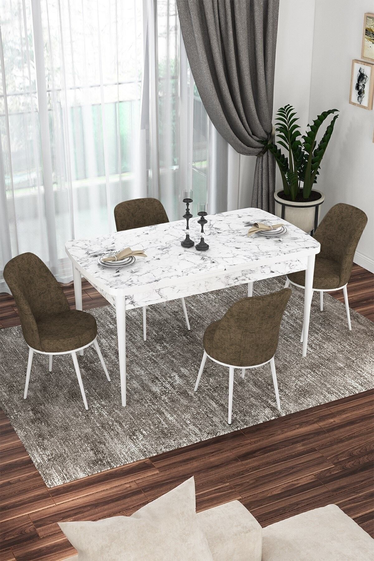 Kor Series 70x114 Openable Kitchen Table Set White Marble Pattern Table 4 Brown Chairs