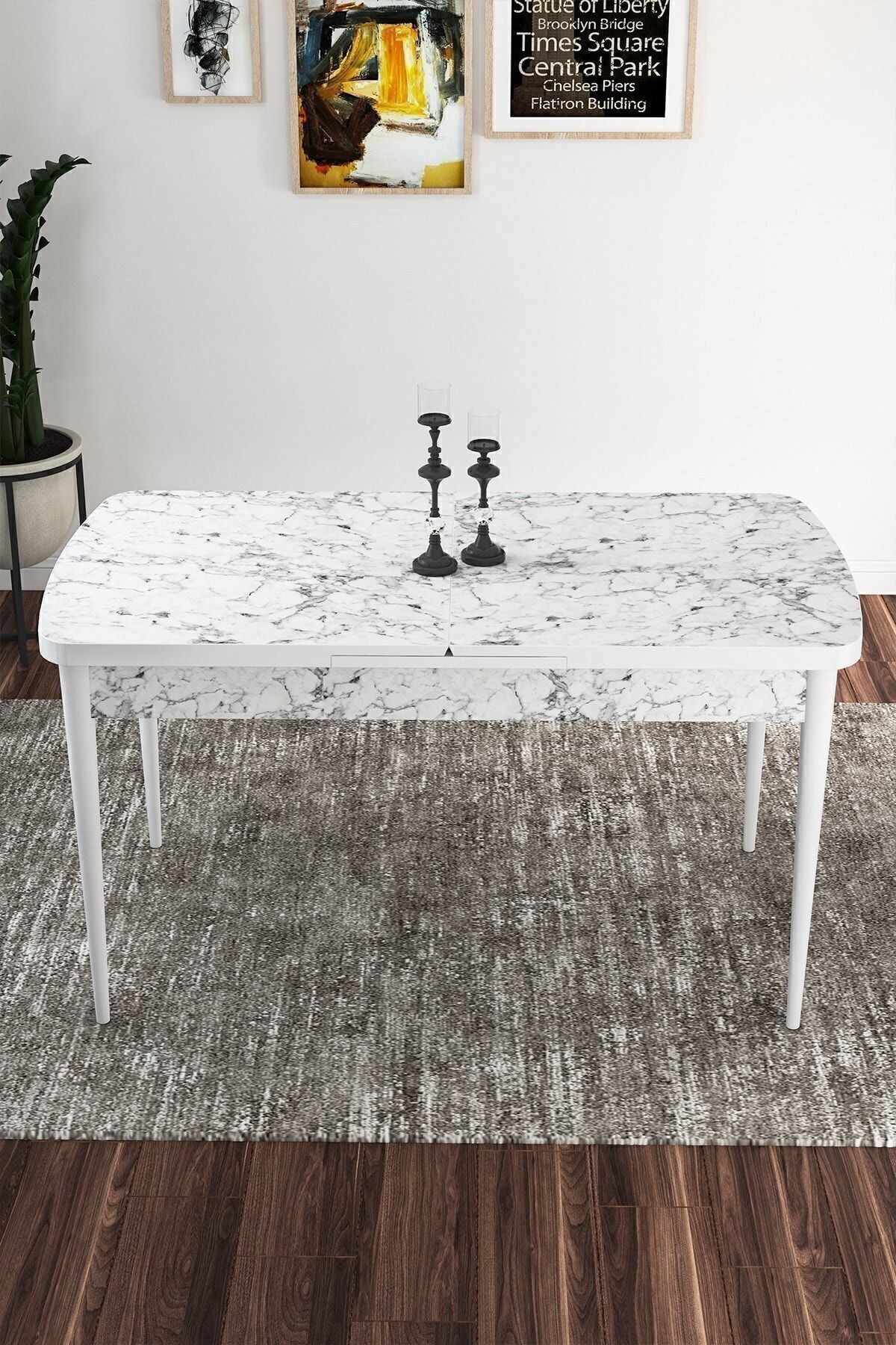 Kor Series, 70x114 Extendable Dining Table, White Marble Pattern Table