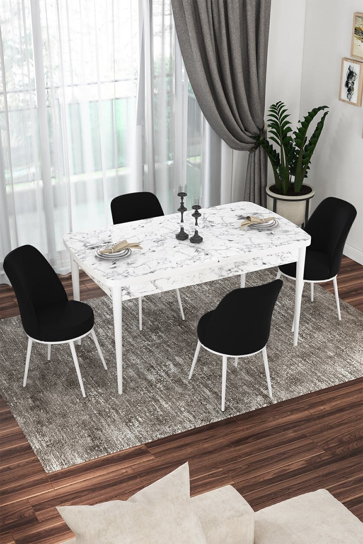 Kor Series 70x114 Openable Kitchen Table Set White Marble Pattern Table 4 Black Chairs