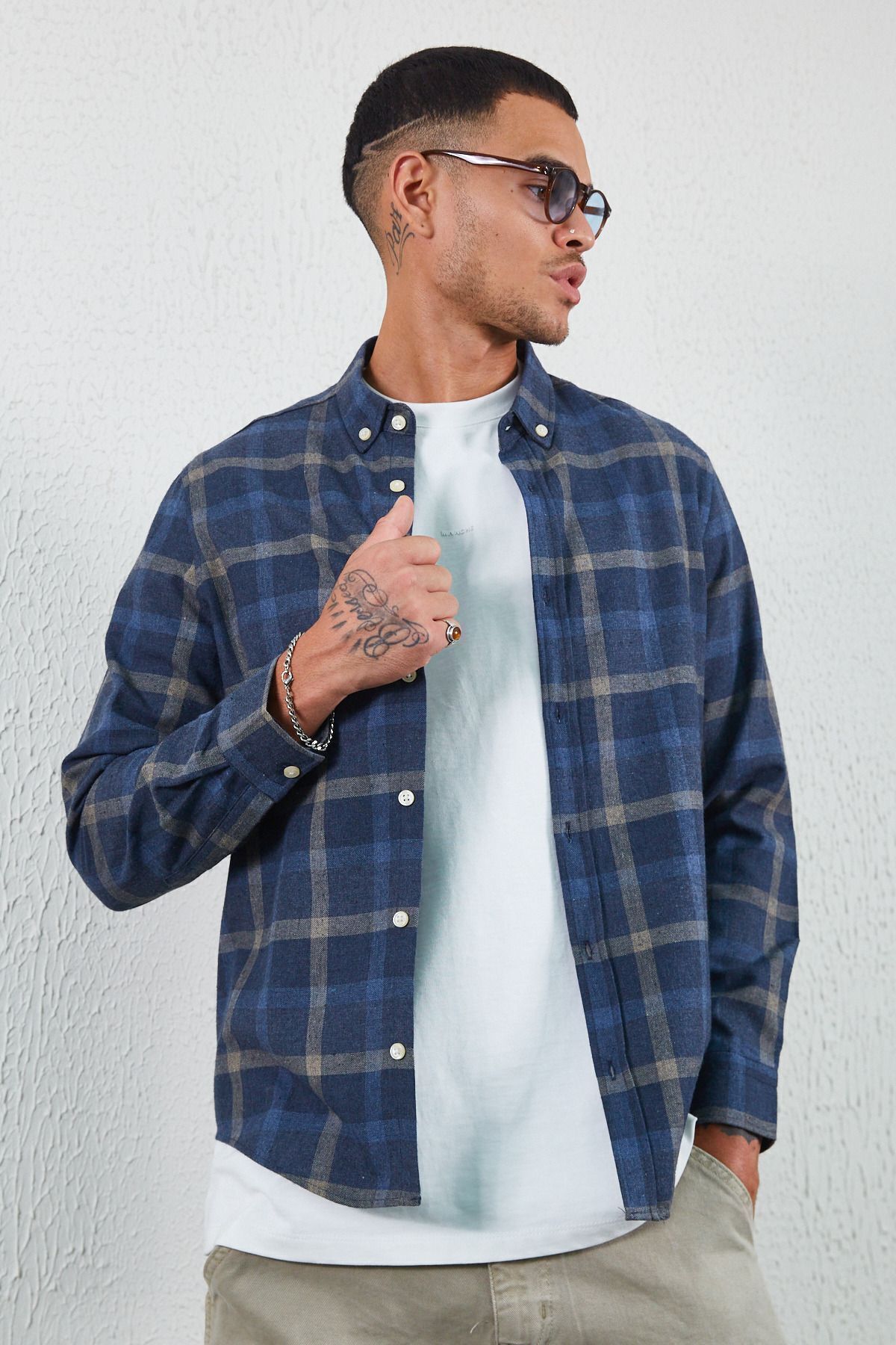 Lacivert Flanel Ekose Kışlık Gömlek Gri | MEW127643-01
