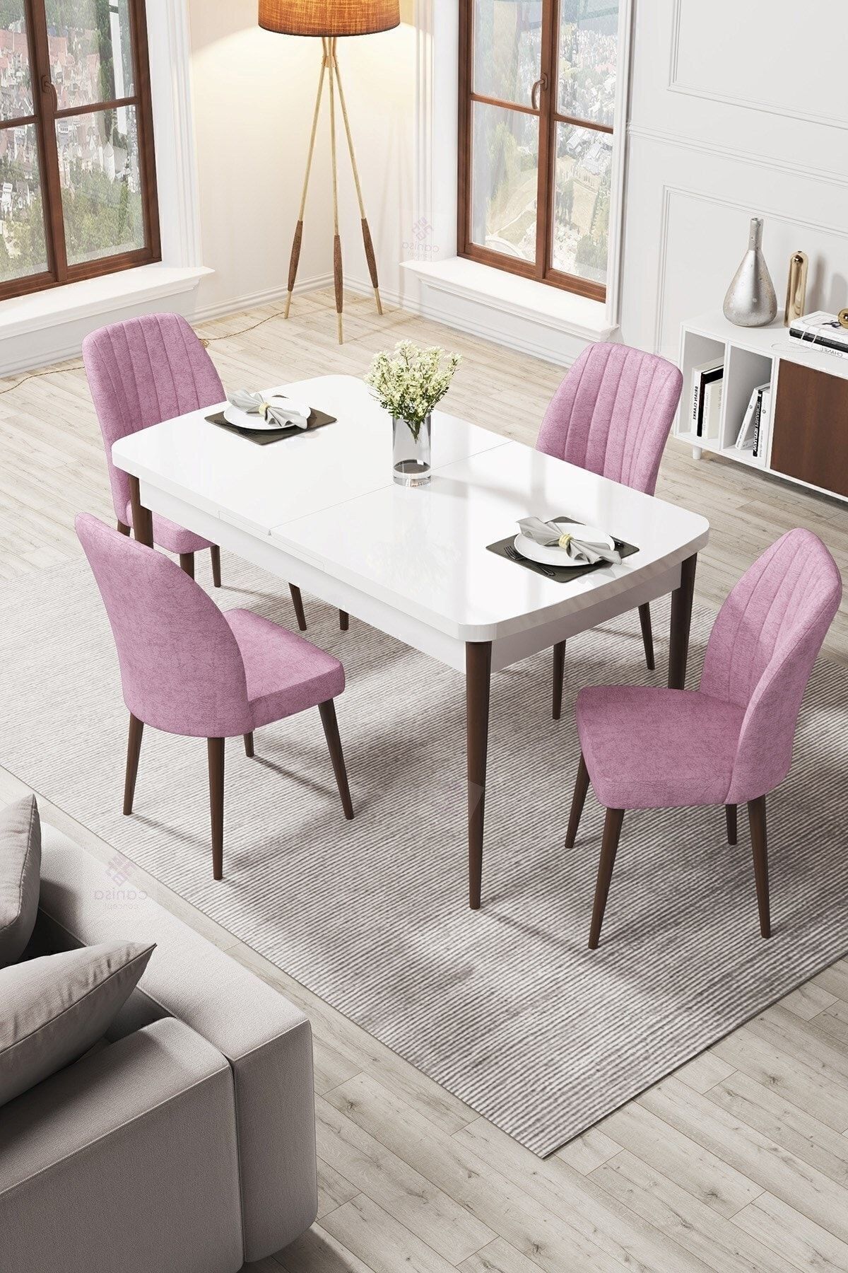 Par Series 70x114, Retractable Mdf Dining Table White Table Walnut Feet And 4 Pink Chairs Set