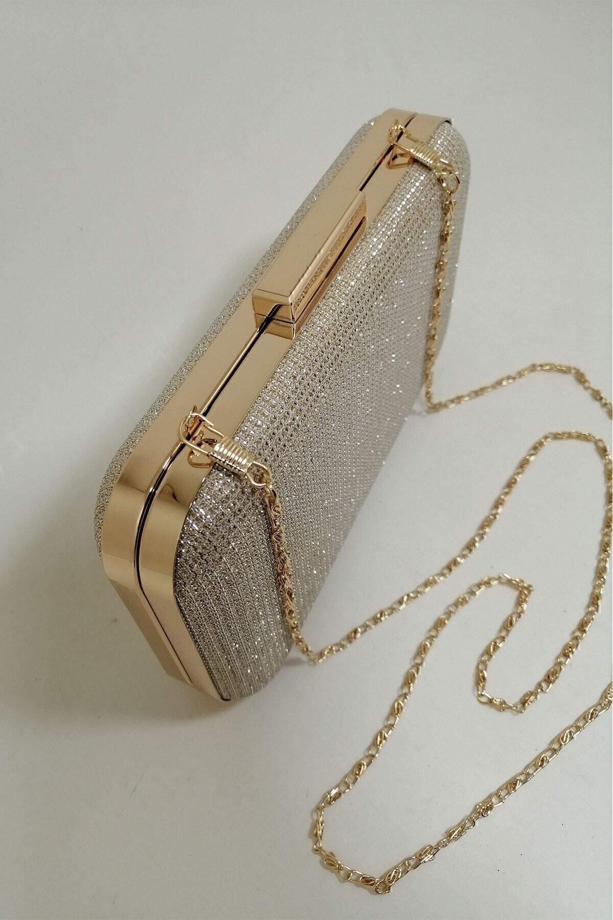 PARKTAN Altın Simli Abiye Clutch Portföy Çanta görsel 6