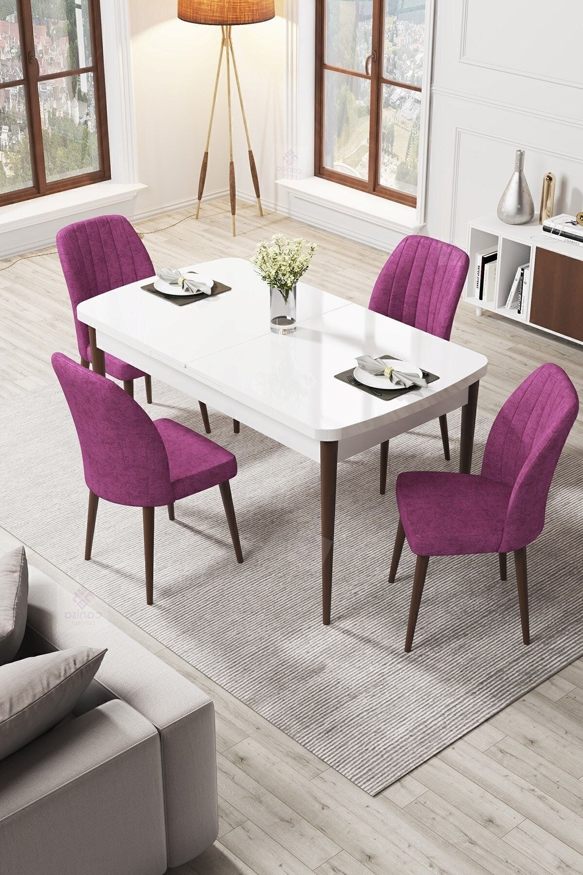 Par Series 70x114, Retractable Mdf Dining Table White Table Walnut Feet And 4 Purple Chairs Set