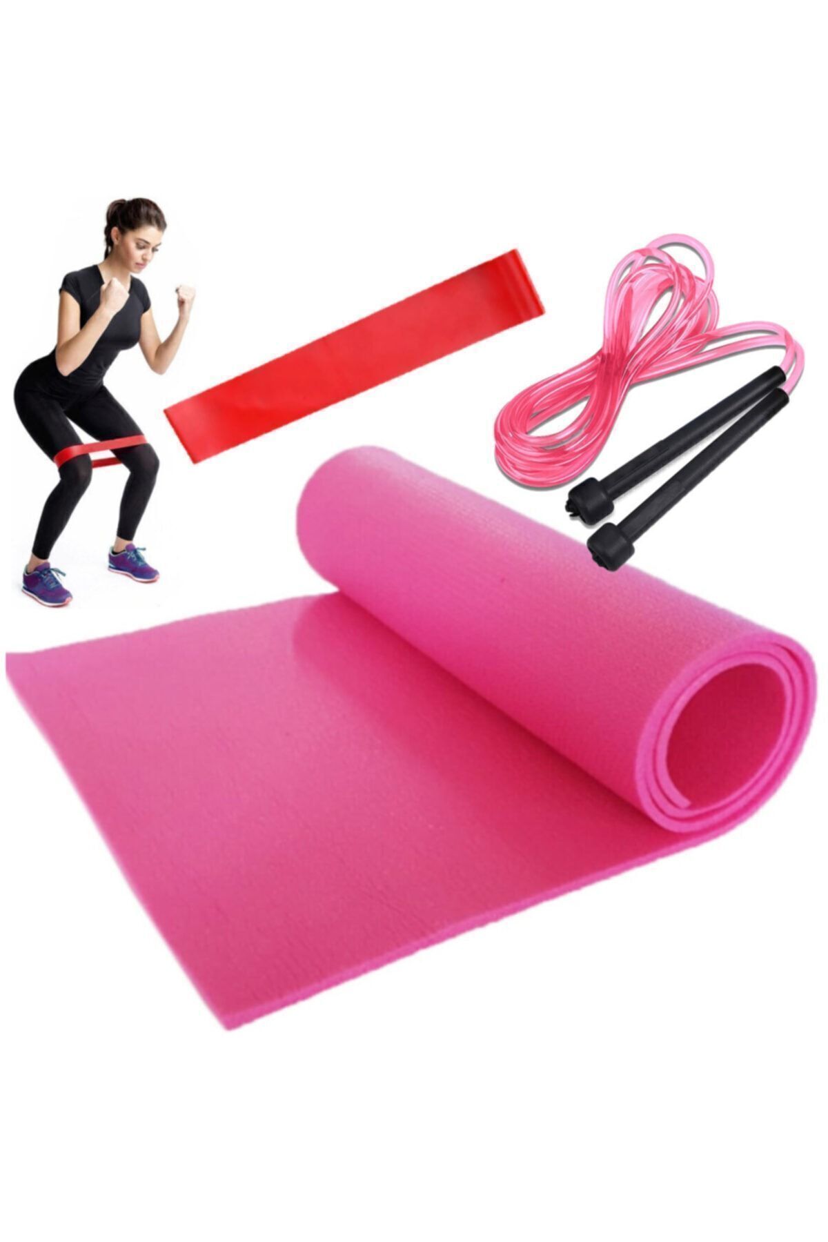 Tosima Pembe Pilates Minderi +Aerobik Bandı Sert Direnç +Kırmızı Atlama İpi 3 Parça Pilates Seti