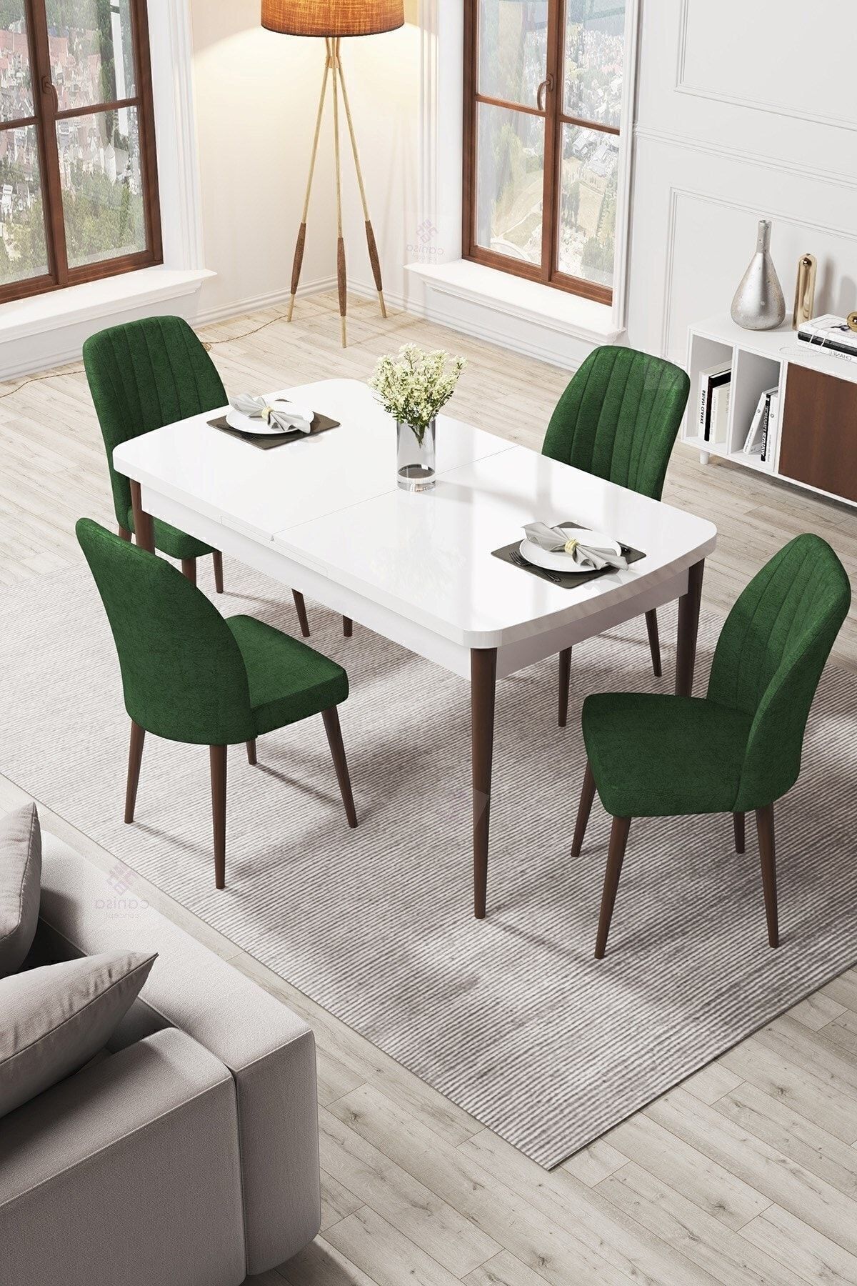 Par Series 70x114, Retractable Mdf Dining Table White Table Walnut Leg 4 Khaki Green Chair Set