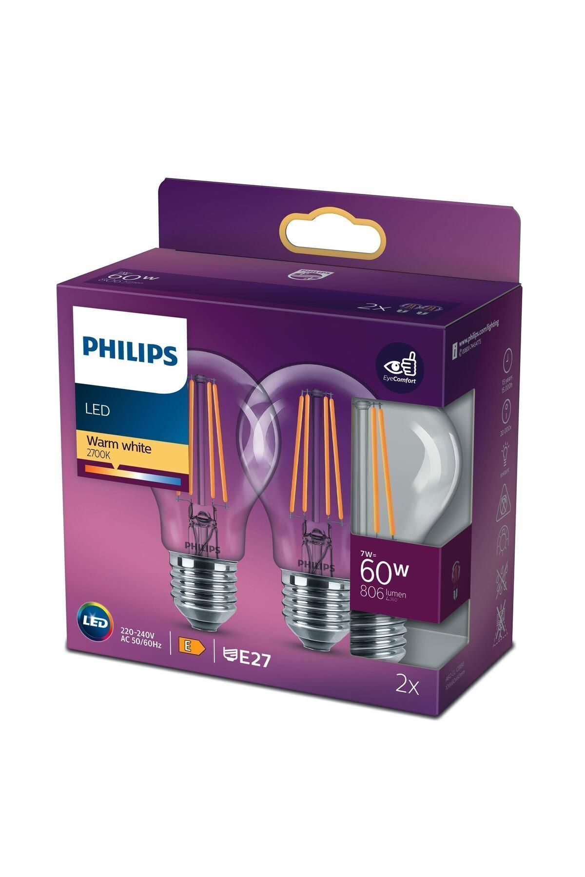 Philips Filament Ampul Şeffaf 60 W Sarı Işık A60 E27 (2'li)