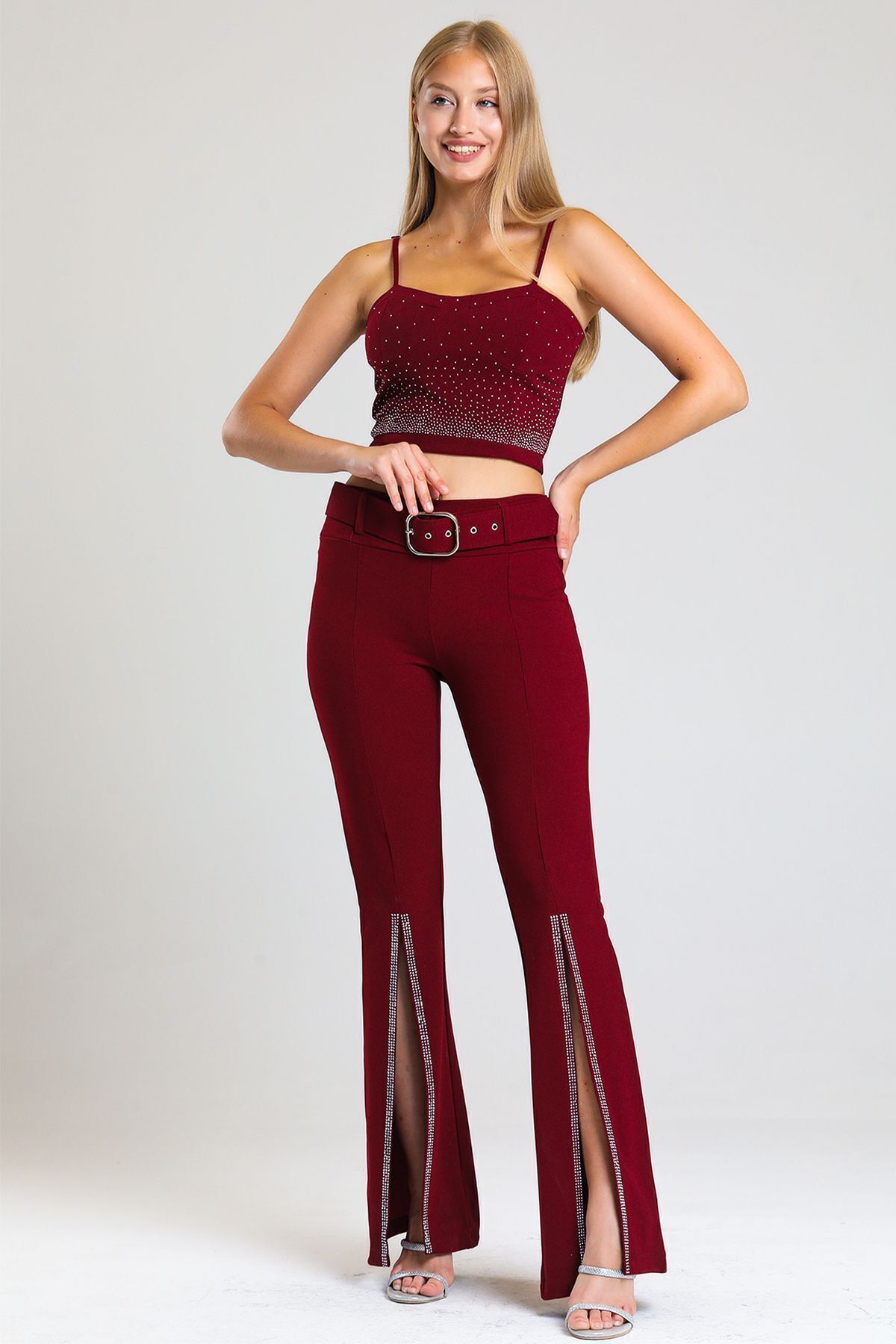  Sense Bordo Kemerli Paça Volanlı Pike Çelik  Pantolon | PNT33421