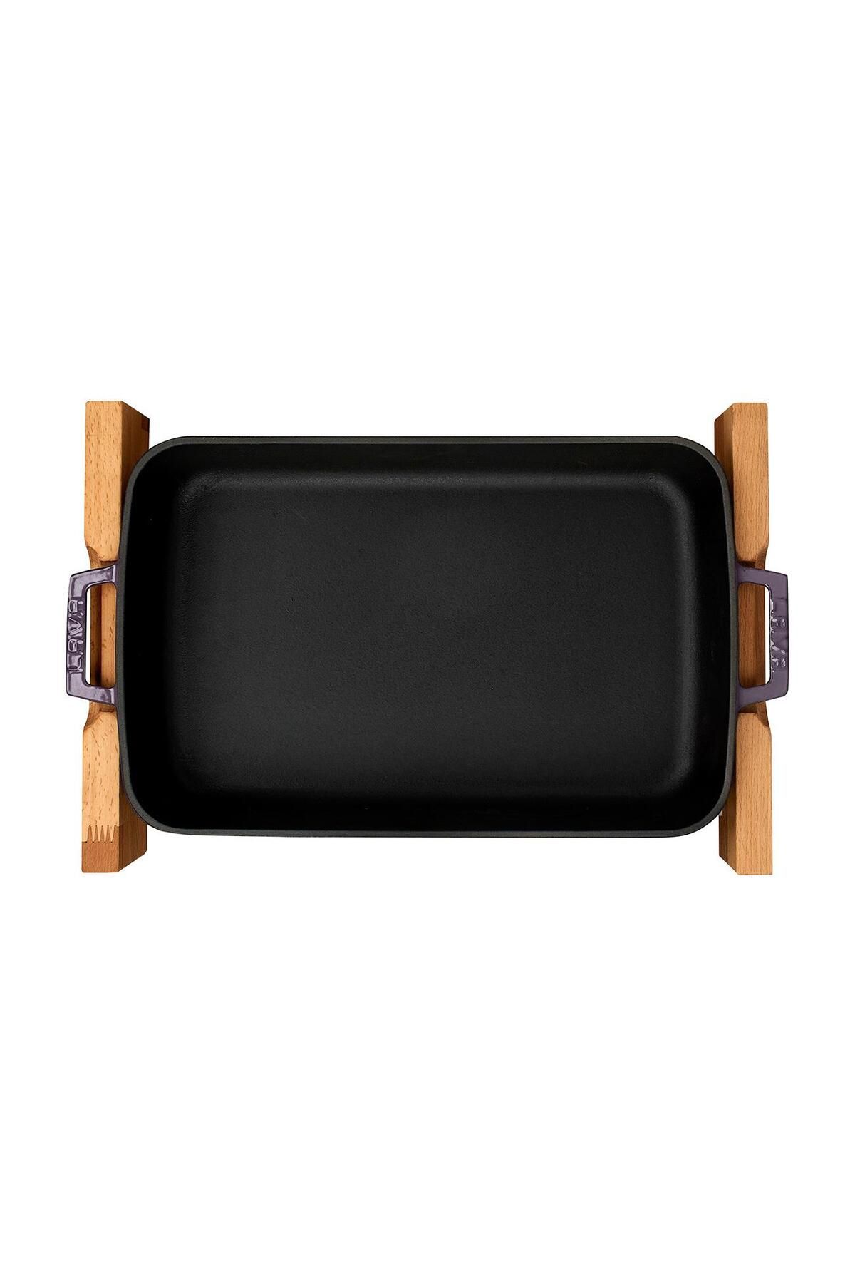 Lava-Double Handle Cast Iron Solid - Rectangular Rosto and Baking Tray, Beech Serving Wood 3