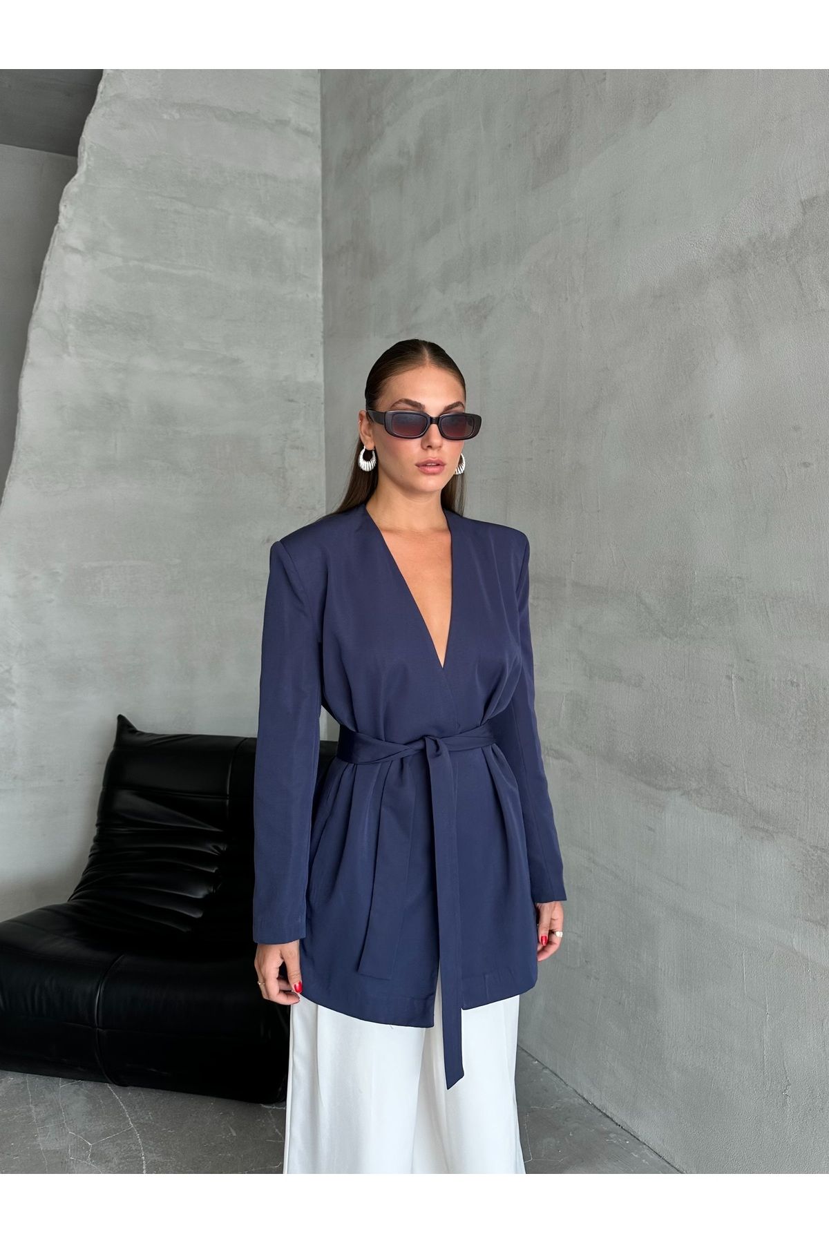 Laluvia-Marineblau Elegant - Jacke mit Gürtel Design 3
