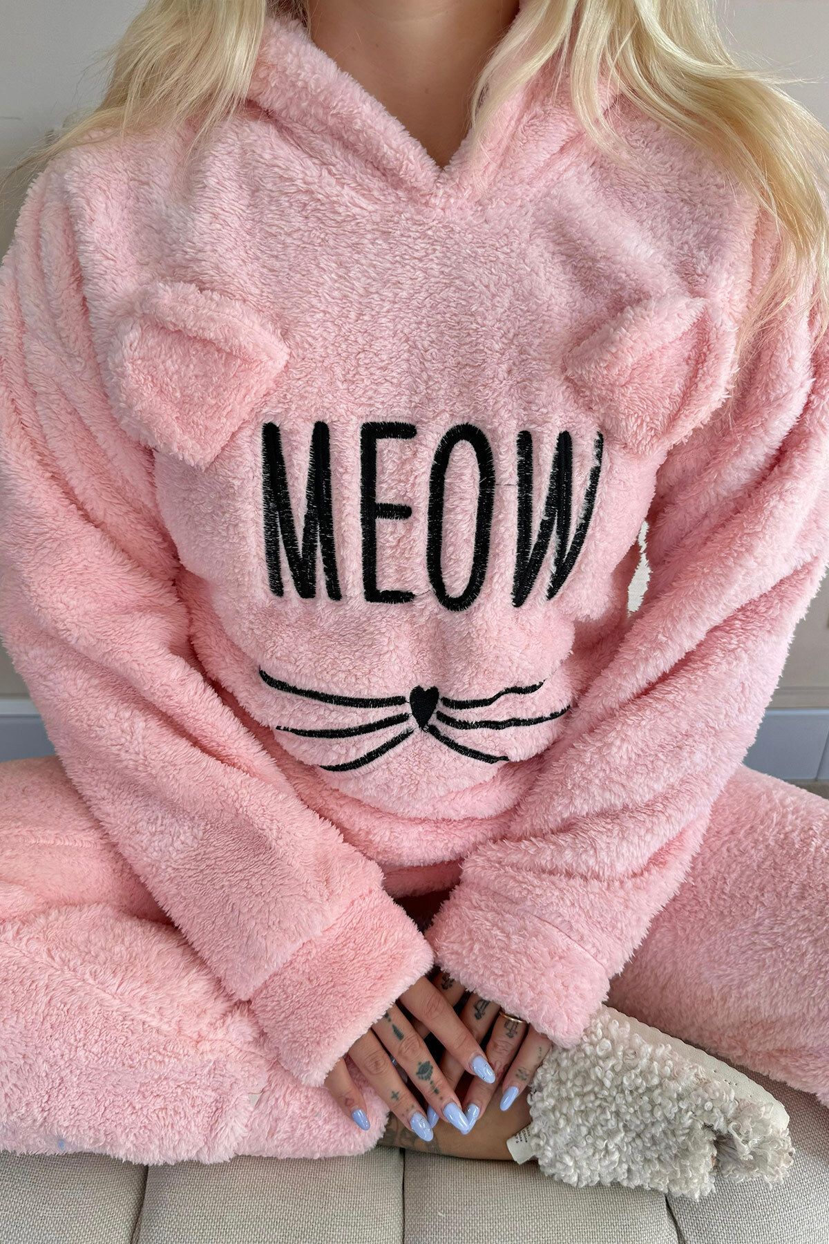 Pijamaevi-Salmon Meow Patterned Full Plush Pajama Set 7