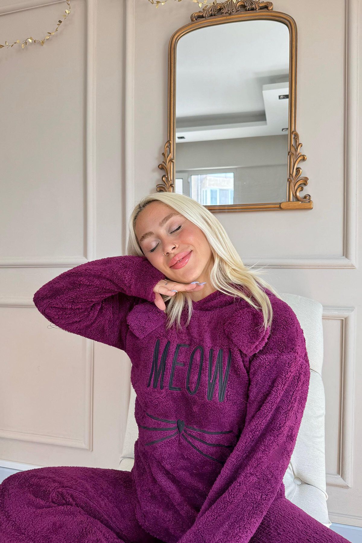 Pijamaevi-Meow Patterned Plum Full Plush Pajama Set 3