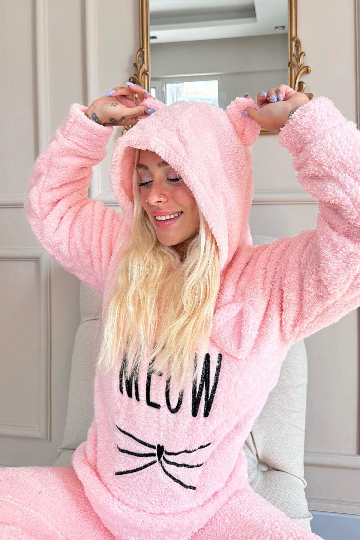 Pijamaevi-Salmon Meow Patterned Full Plush Pajama Set 2