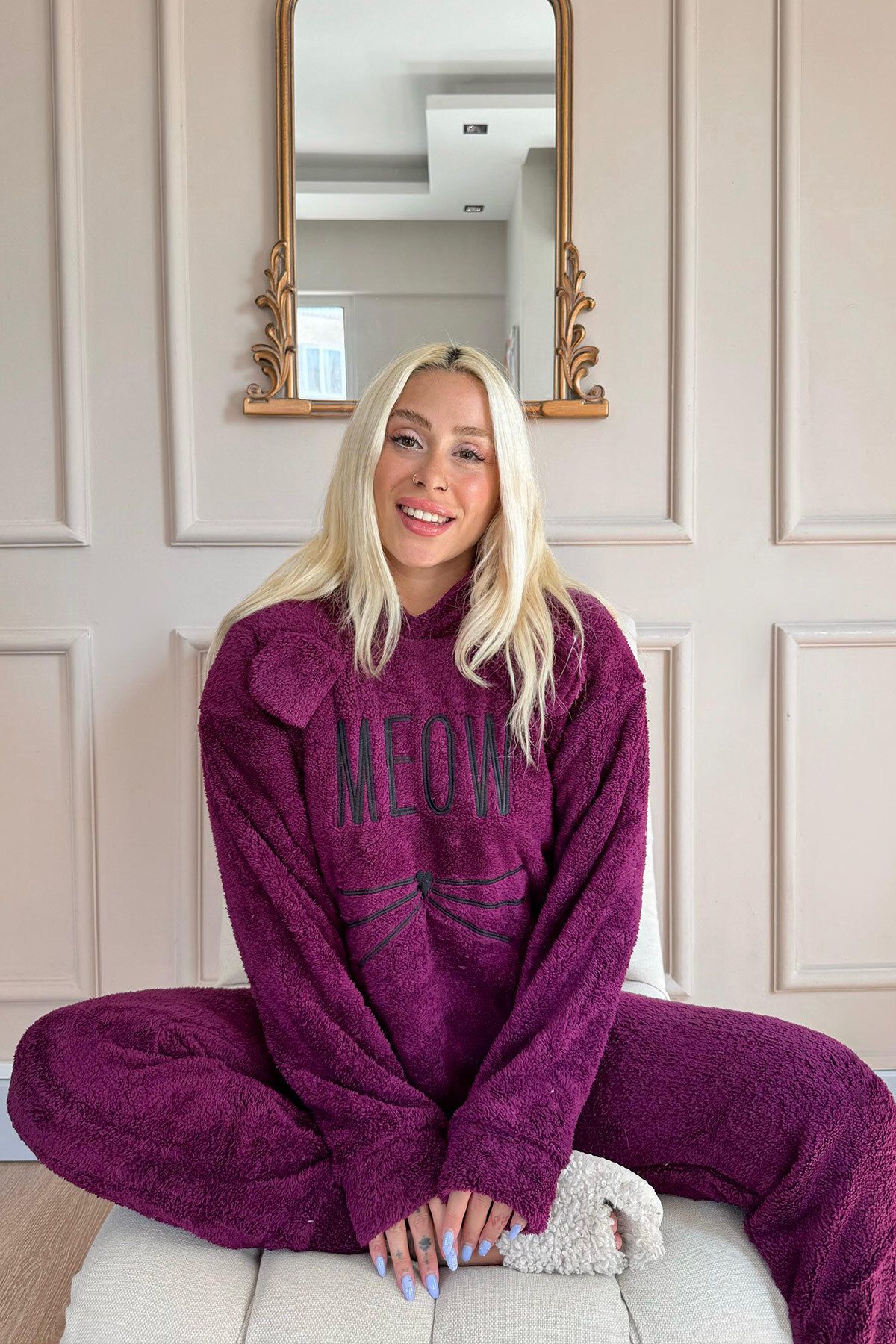 Pijamaevi-Meow Patterned Plum Full Plush Pajama Set 2