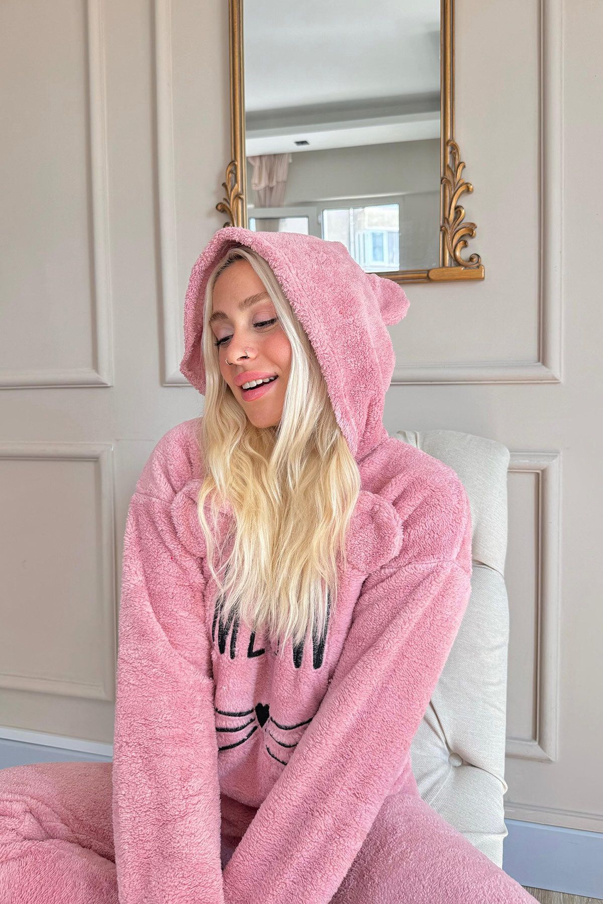 Pijamaevi-Women's Pink Meow Patterned Full Plush Pajama Set 3