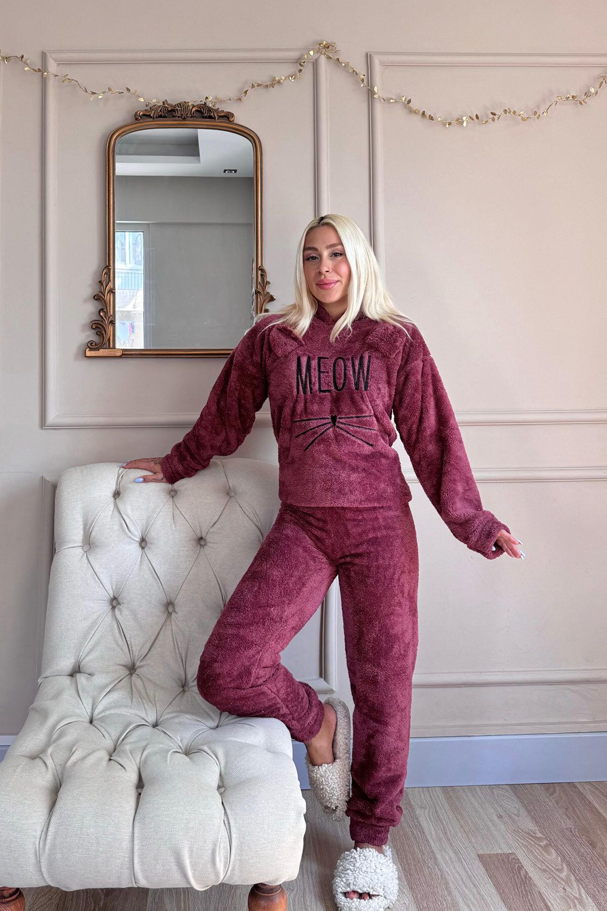 Pijamaevi-Full Plush Claret Red Meow Patterned Pajama Set 6