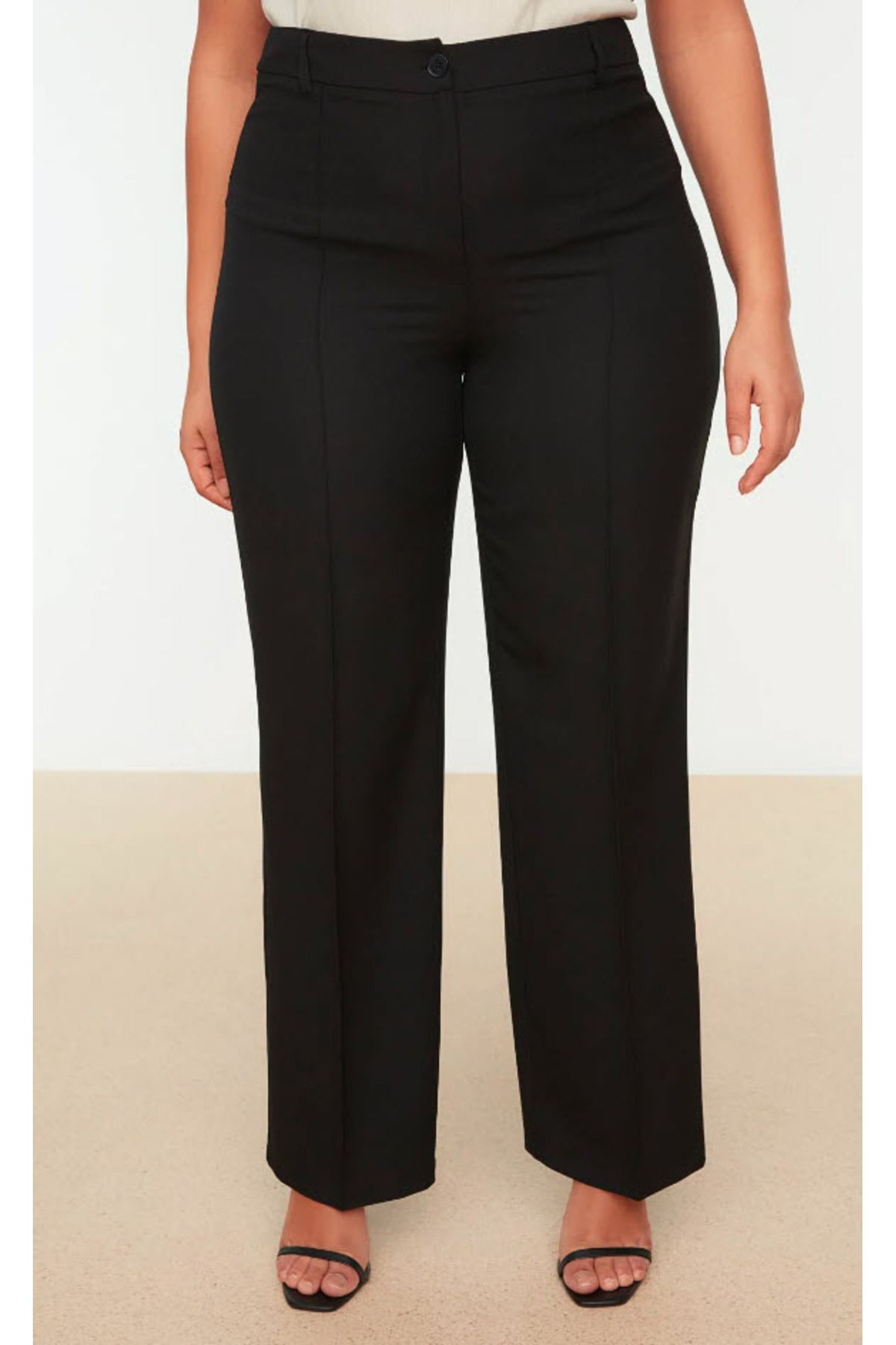 Trendyol Curve-Schwarze Hose aus gewebtem Stoff mit hoher Taille und geripptem Detail, spanisches Bein TBBSS22PL0301 5