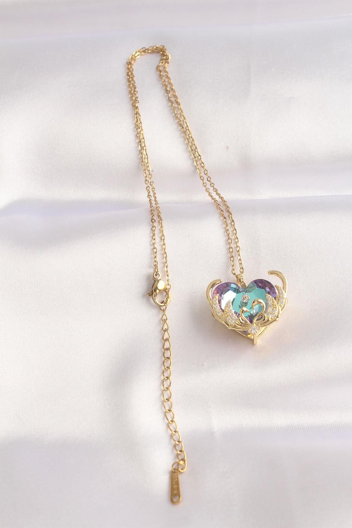 Mir-ay-Purple Colored Zircon Stone Heart Figured Steel Chain Necklace 2