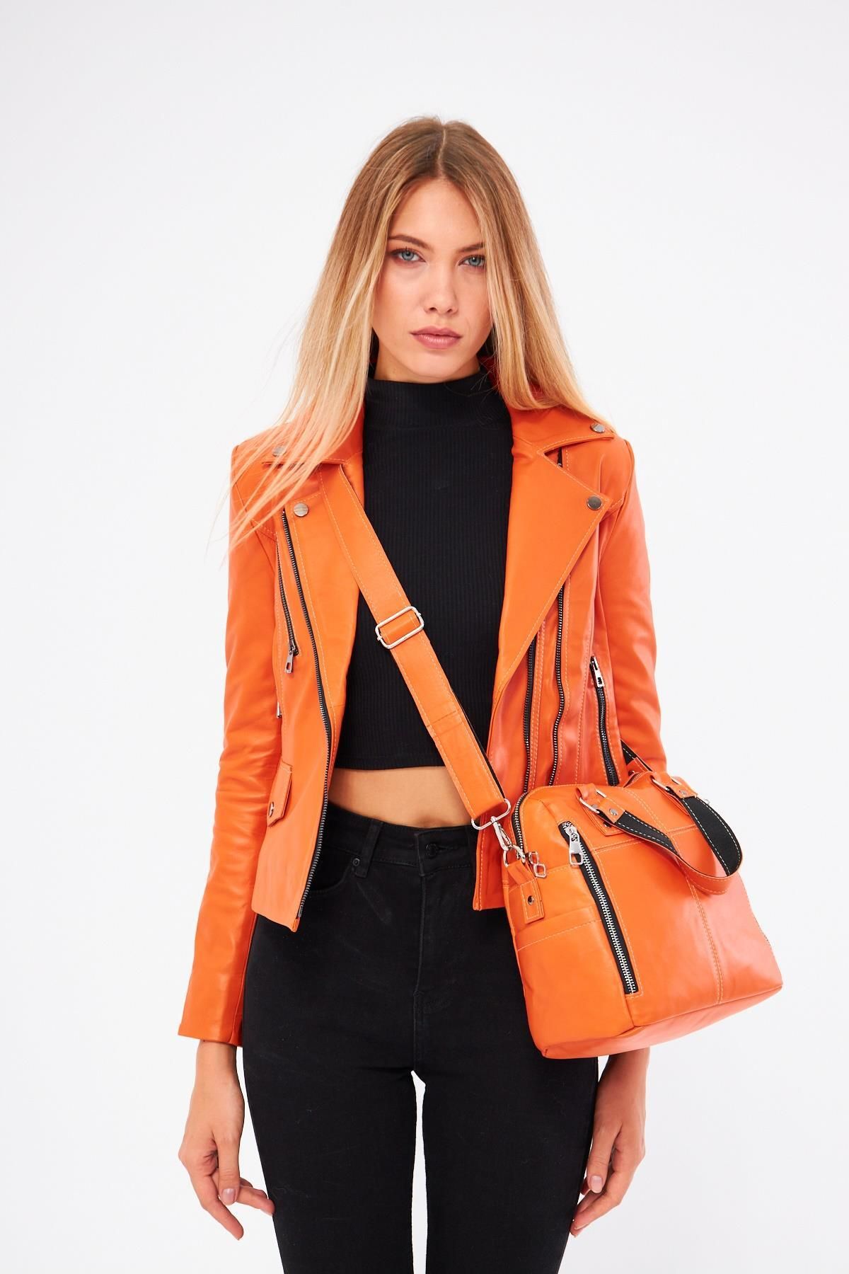 DERİNSS-Dr1249 - Genuine Leather Orange Coat and Bag Combination for Women 5