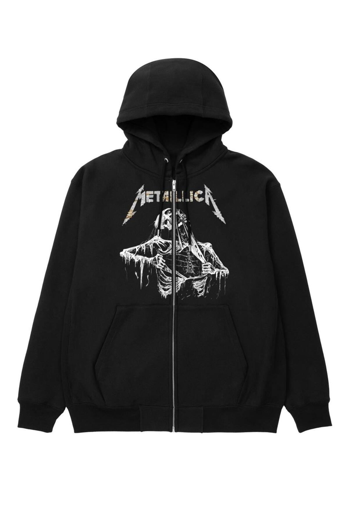 MİNGALONDON  Metallica Skeleton Baskılı Oversize Fermuarlı Siyah Unisex Kapüşonlu Hırka — مشکی Minga5376 — تصویر 2 از 4