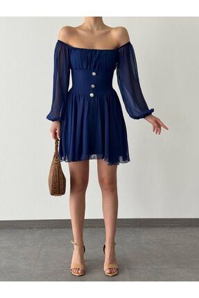 popibutik Düğme Detaylı Mini Şifon Elbise