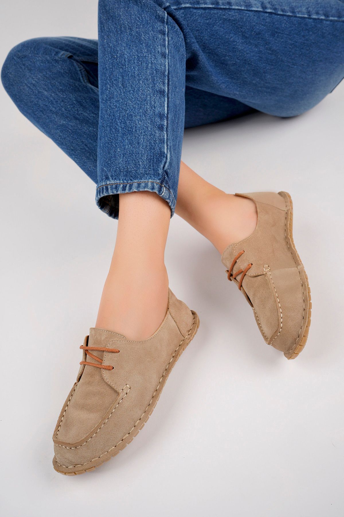 Hakiki Deri Bej Süet Kadın Deri Loafer Dp77-0602