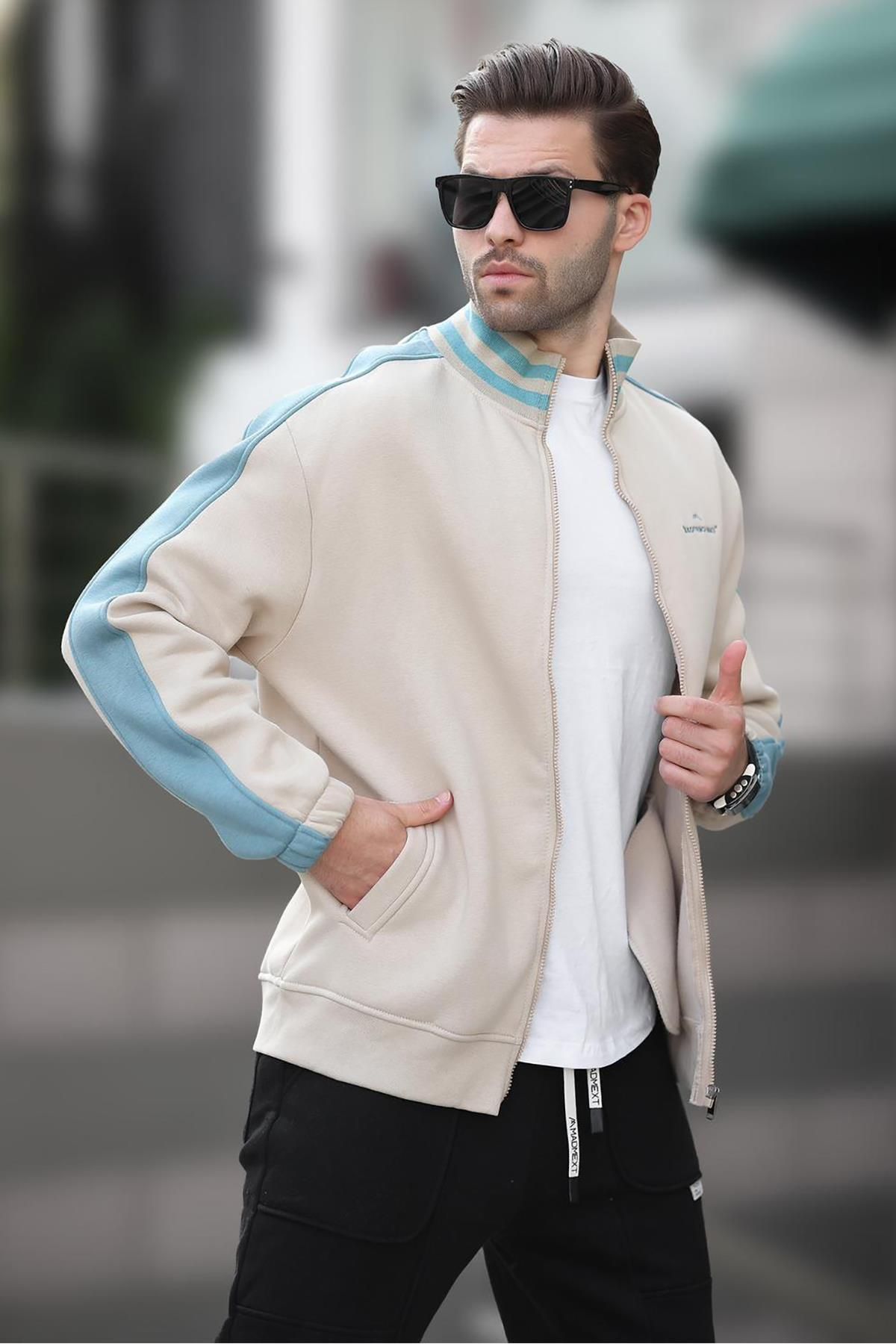 ژاکت کش باف پشمی مردانه زیپ دار نیم یقه بژ 7081 Madmext