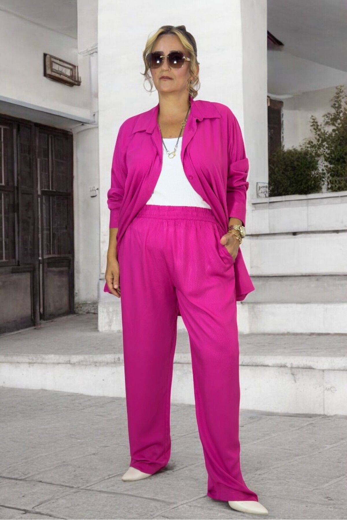 yagmurberen-Cotton Satin Shirt and Lace-up Pants Set - Plus Size, Buttoned Front 1