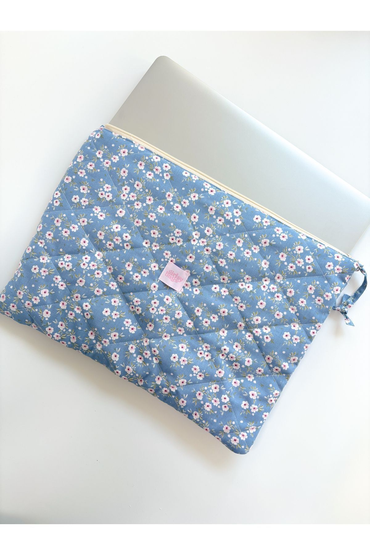 Mavi Çiçekli Laptop Macbook Tablet Ipad Kılıfı Kalın Korumalı Tüm İnçler Kumaş Bilgisayar Kılıfı