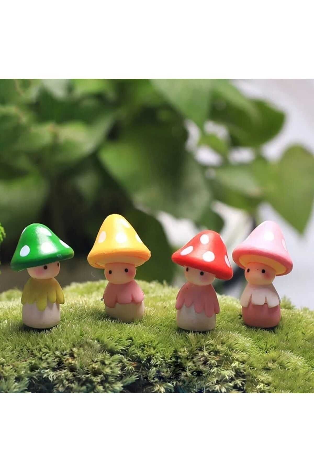 4'lü Mantar Şapkalı Çocuk Teraryum Objeleri Teraryum Süsleri Saksı Süsleri Minyatür Obje