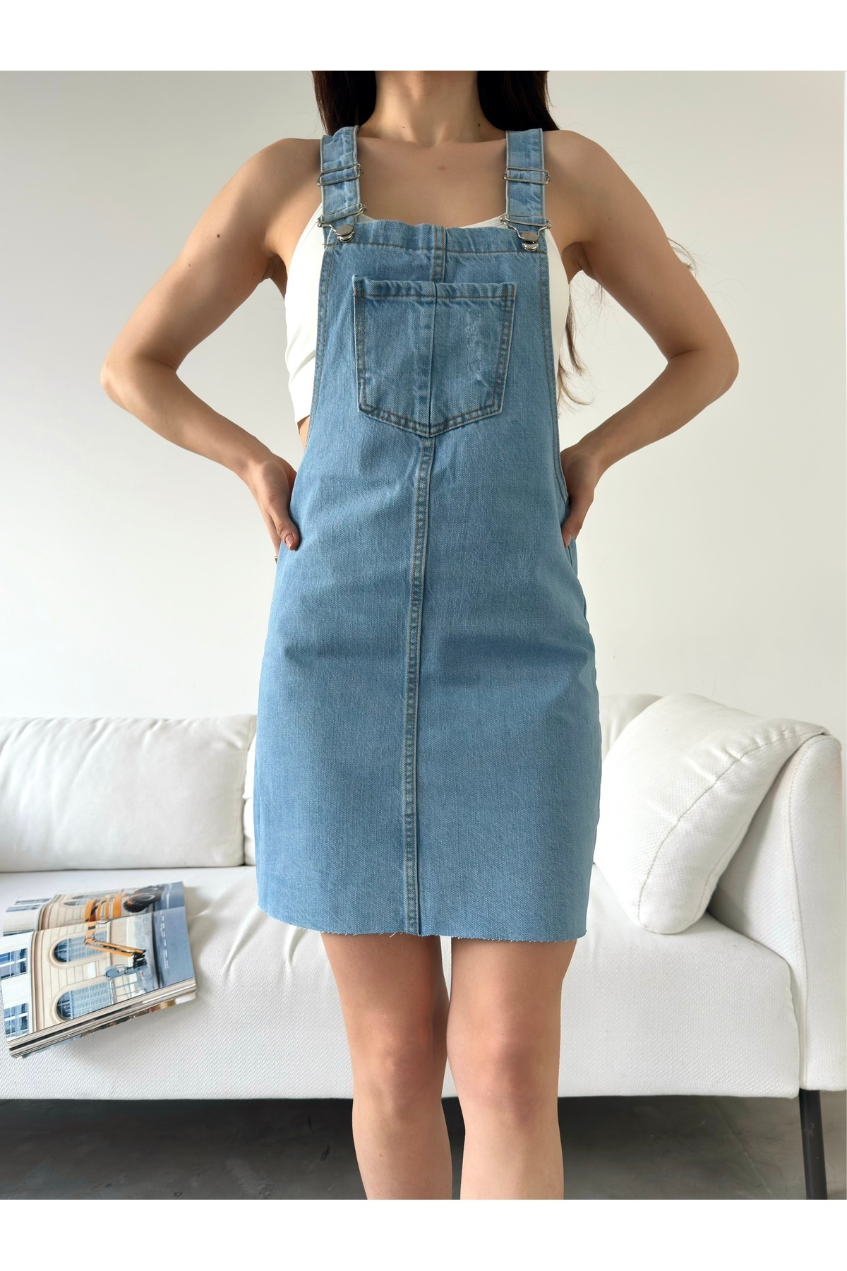 LB Laluna Butik Kadın Mavi Salopet Etek Bahçıvan Tulum