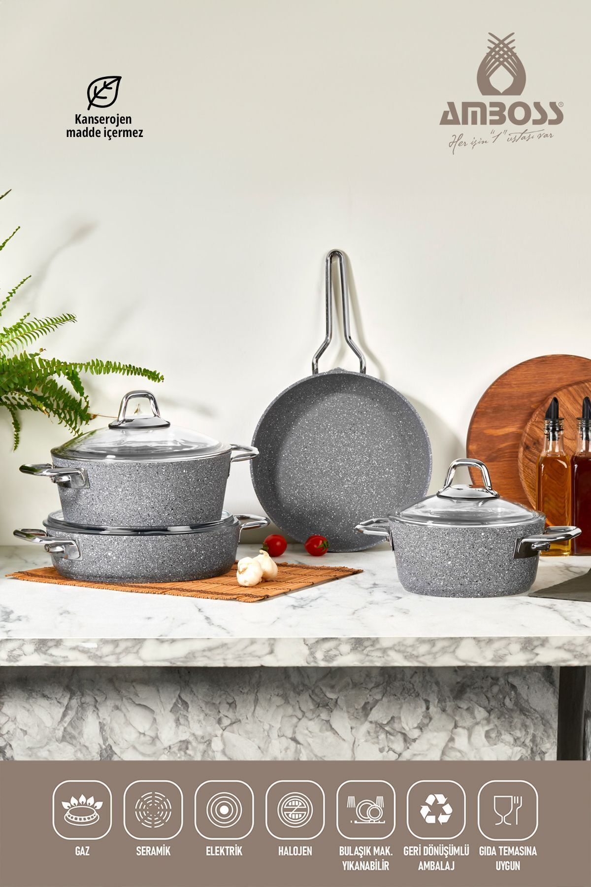 Amboss Shadow 7 Piece Fireproof Non-Stick Crush-Granite Pot Set - Gray