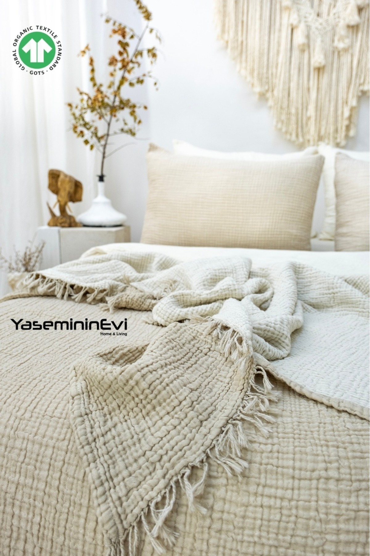 YASEMİNİNEVİ Müslin / Vizon Renk / Tek Kişilik Yatak Örtüsü / Pike Takımı ( 1 Yastık Kılıflı )