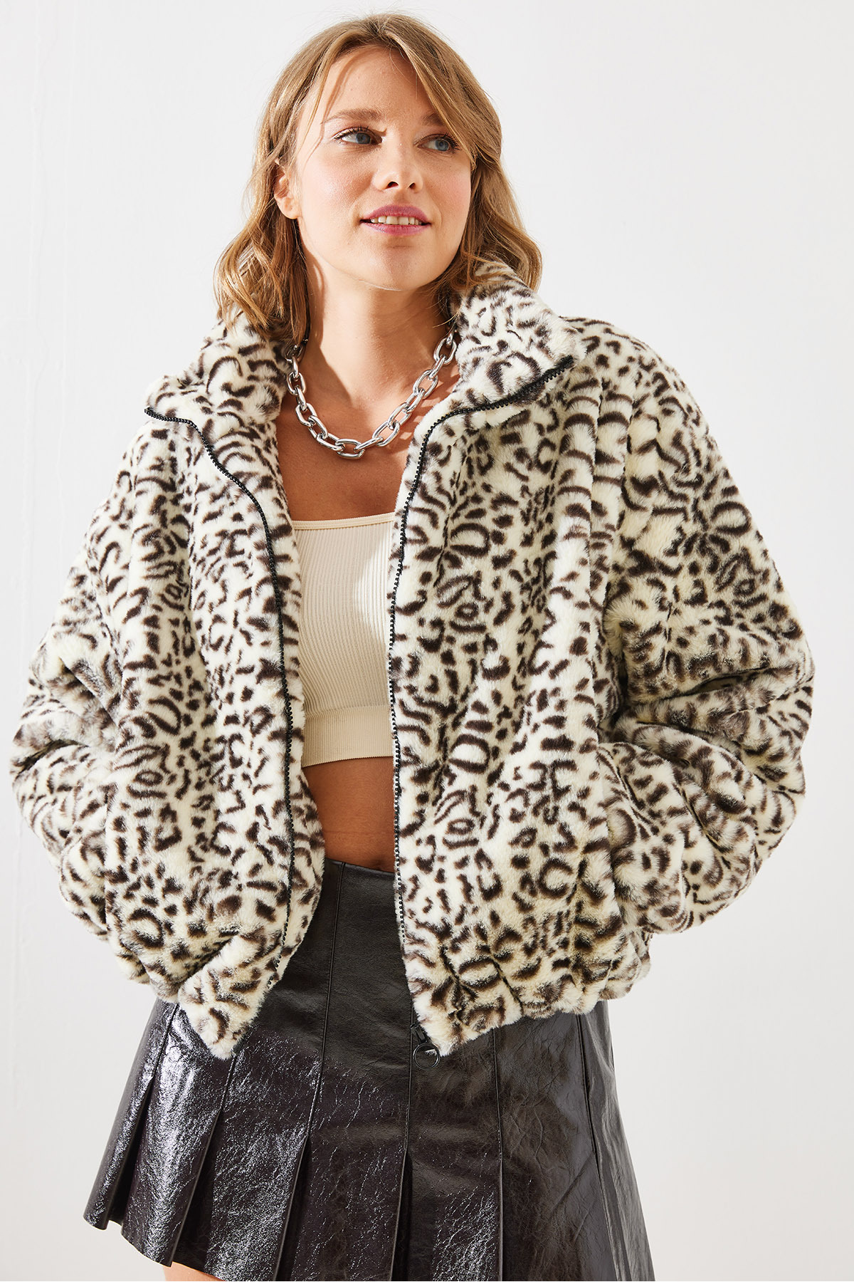 Bianco Lucci  Kadın Leopar Desenli Suni Kürk Mont 2426 60251795 - Görsel 2