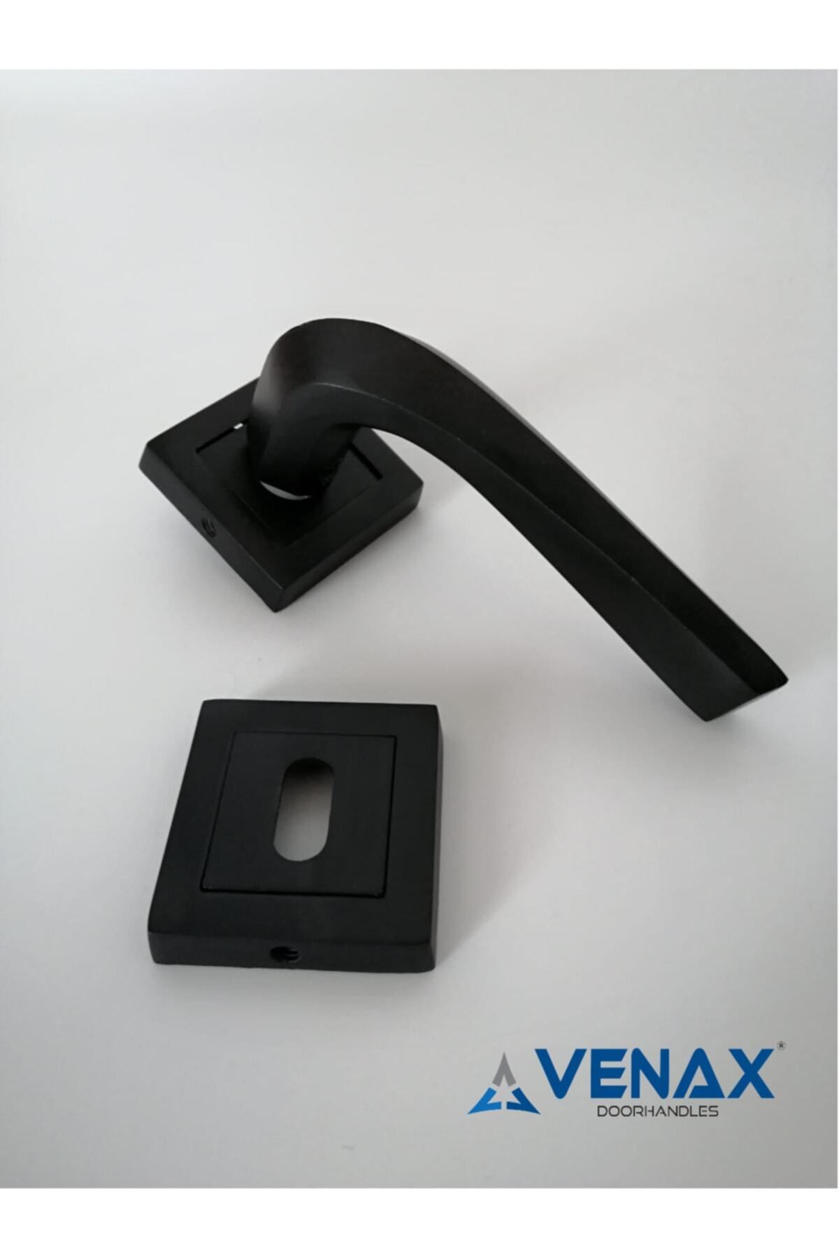 Venax-Matte Black Athens Room Door Handle with Stainless Square Rosette / 1 Set (2 Pieces - Front and Back) 3