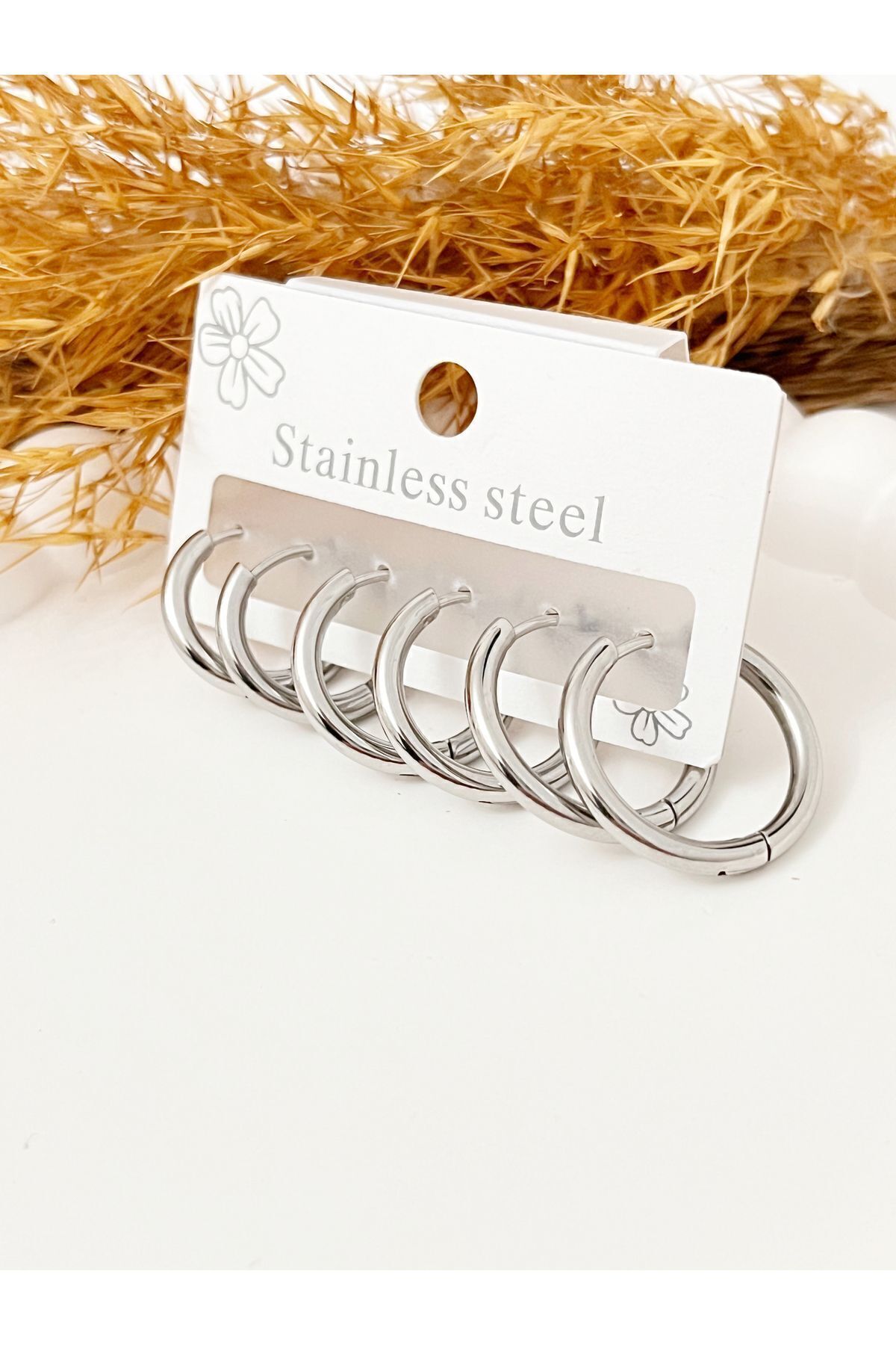 Halka Model Çoklu Kararmaz Üçlü Çift Silver Çelik Küpe Set