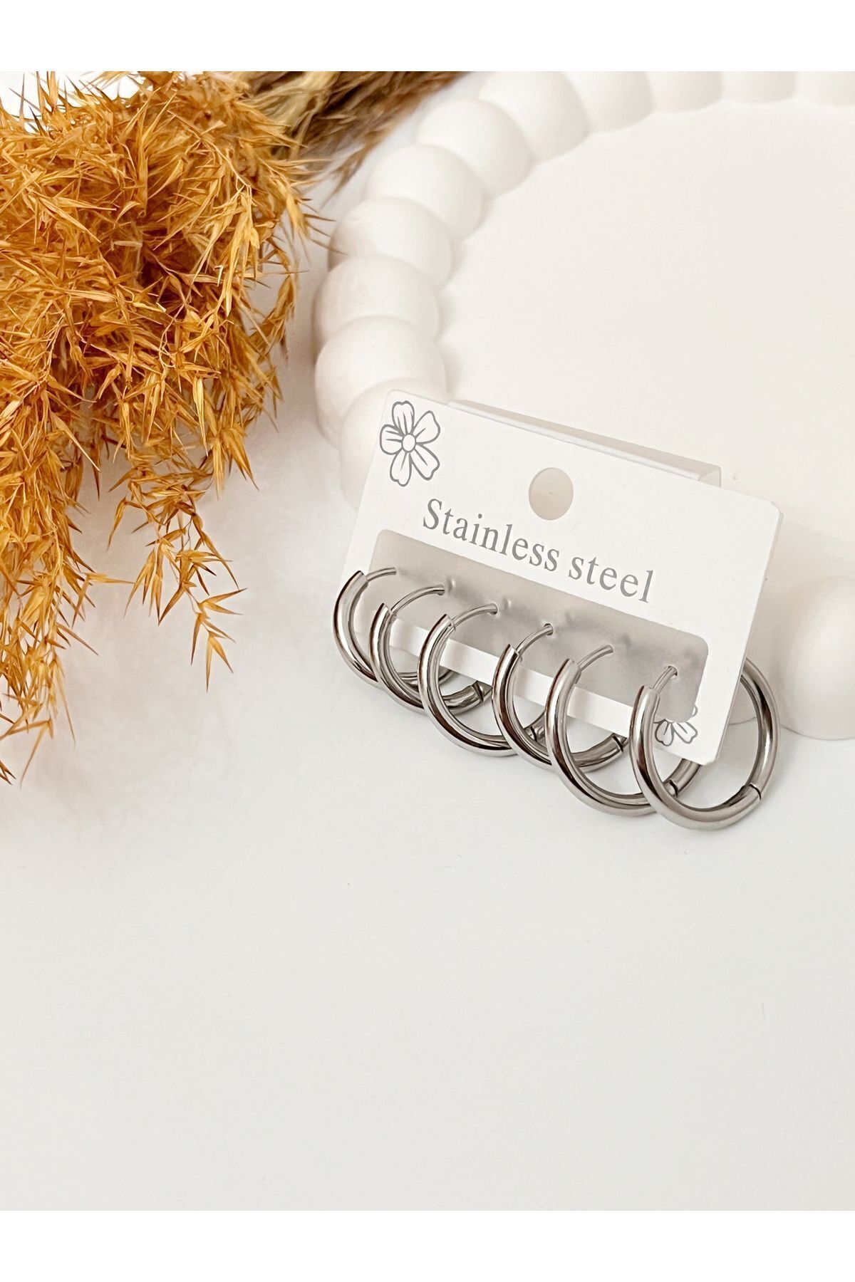 Halka Model Çoklu Kararmaz Üçlü Çift Silver Çelik Küpe Set