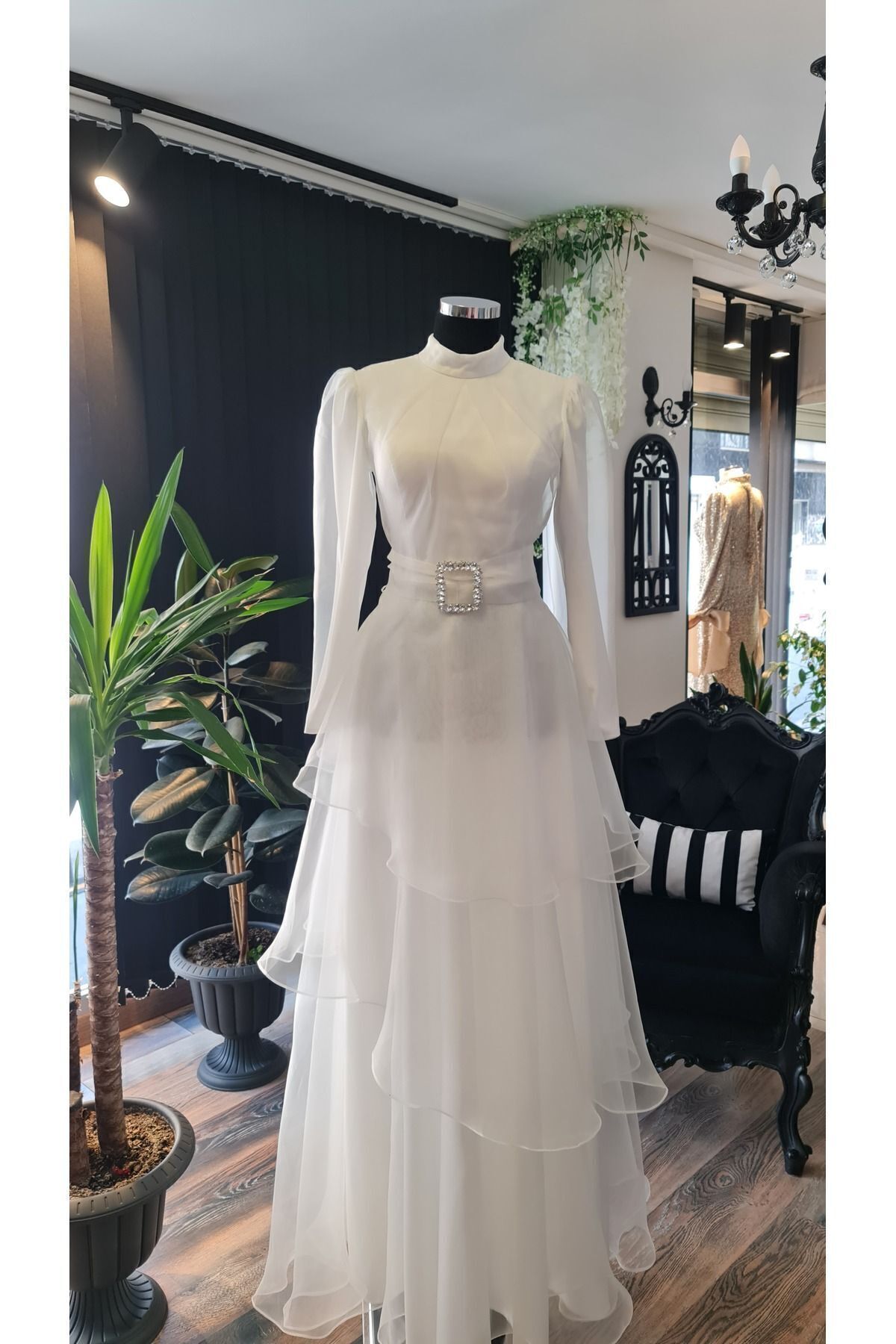 makbuleofficial-Ecru White Organza Hijab After Party Engagement Wedding Dress 4