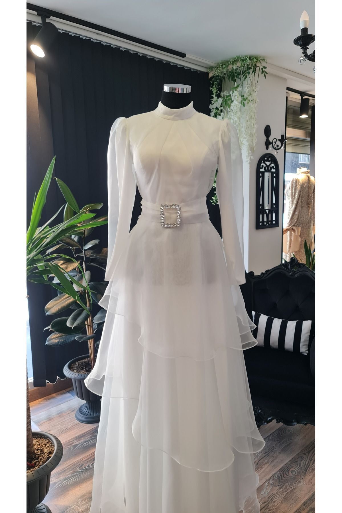 makbuleofficial-Ecru White Organza Hijab After Party Engagement Wedding Dress 5
