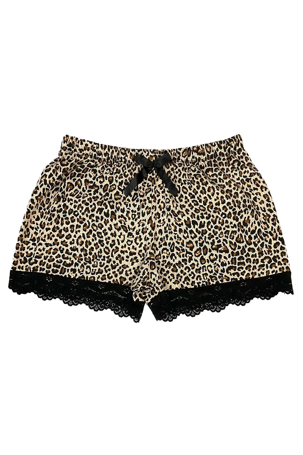 HNX Leopar Pamuklu Paçası Dantel Pijama Kadın Şort