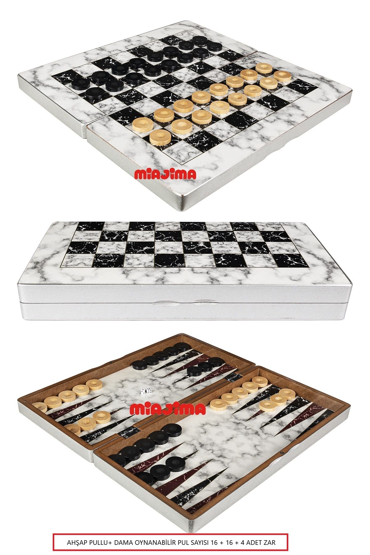 Miajima-Black and White Marble Patterned Large Size Backgammon Set - Wooden Sequin and Checkers 1