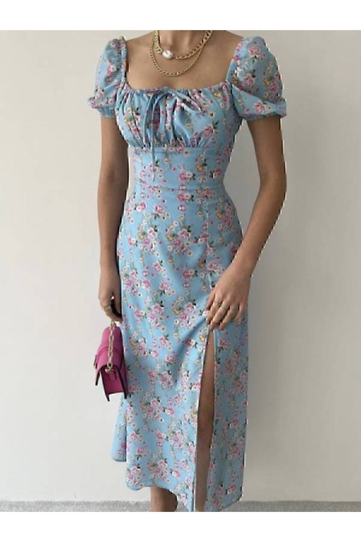 blue pink floral midi length slit dress