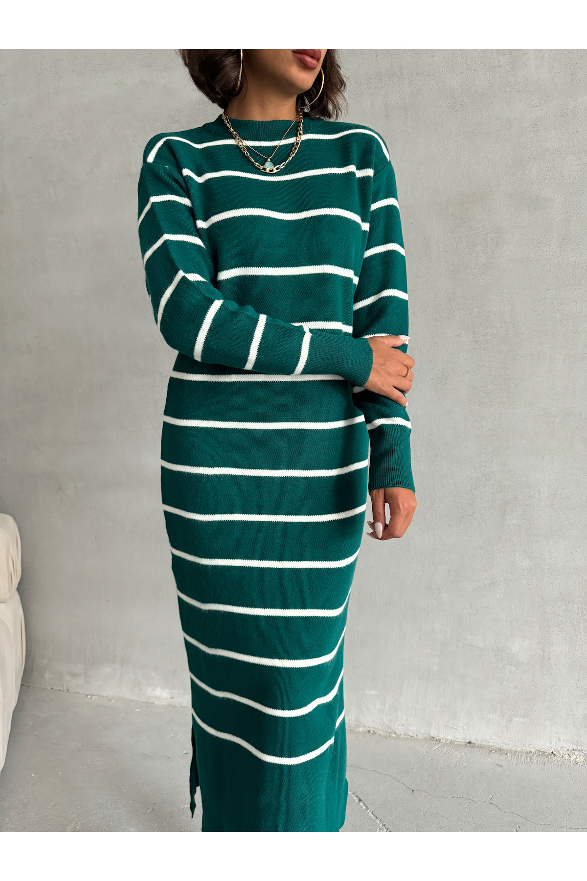 Women's Striped Long Sleeve Knitwear Dress - Nefti Green