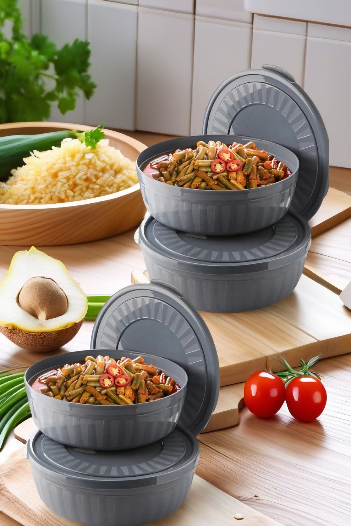Open Home Concept-4 Pieces Round Storage Container Set with Lid - Bowl Microwave & Freezer Compatible 4 Lt Anthracite 3