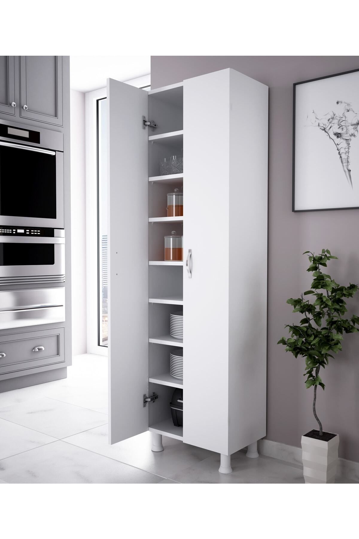 2 Kapaklı 8 Raflı Mutfak Dolabı Banyo Dolabı Çok Amaçlı Dolap Beyaz